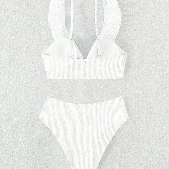 White Boho Women's Swim Summer Beach Ruffle Trim High Waisted Bikini Swimsuit - Picture 3 of 3